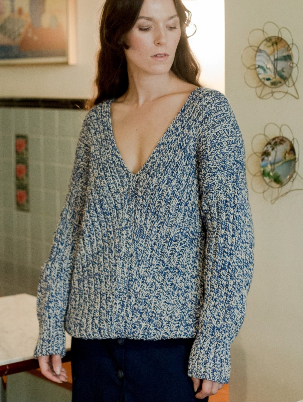 Misha & Puff Marl V Sweater in Blueberry